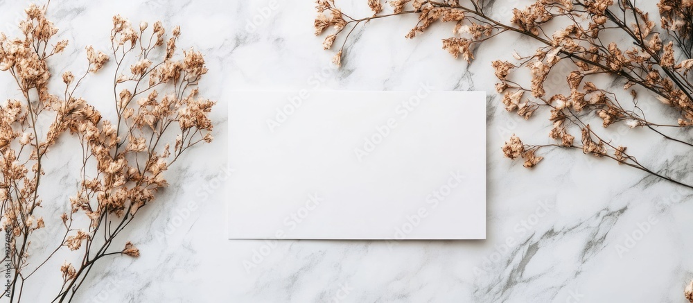 Poster greeting card mockup featuring dried flowers on a light marble background with ample space for perso