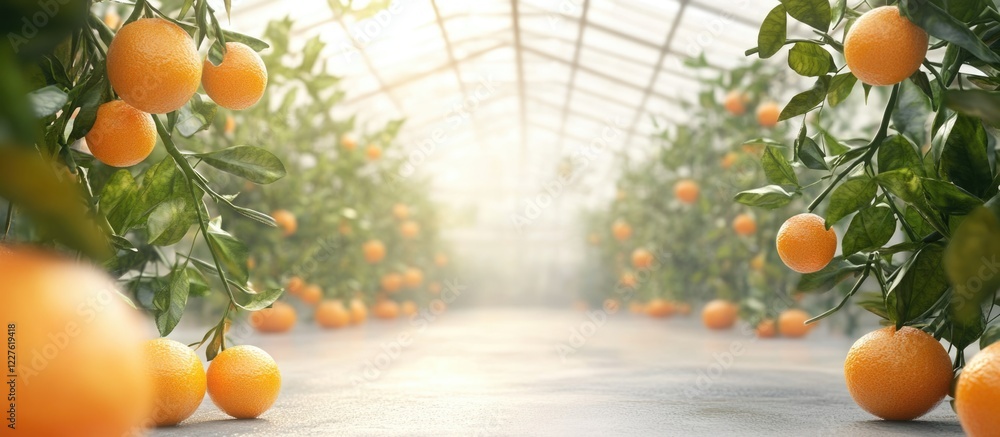 Aufkleber greenhouse featuring vibrant orange citrus trees with ample empty space for personalized text or bra