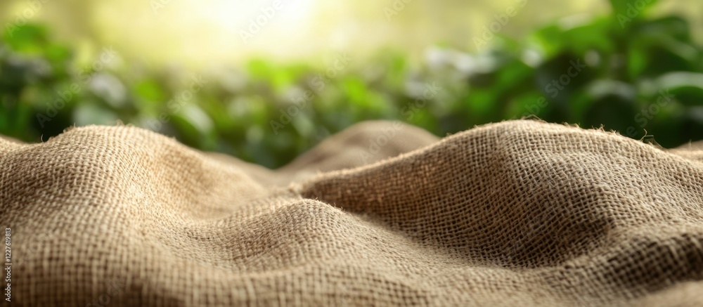 Poster burlap protection covering crops in greenhouse setting with lush green background and ample empty sp