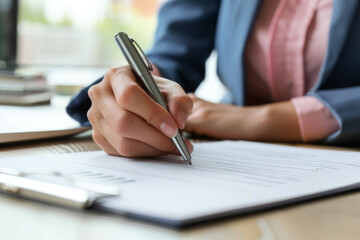 Close-up of a professional's hand signing an important document with a silver pen on a sunny day, signifying agreement and commitment.