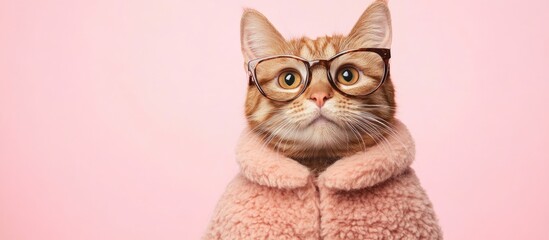 Whimsical cat in reading glasses wearing a furry outfit looking at the camera with empty copy space for humorous text on a pink background