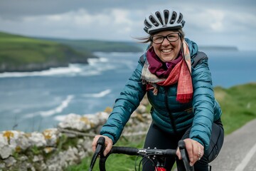 A woman in her late 40s rides her bike along a picturesque ocean path, showcasing her happiness and commitment to fitness while enjoying the natural surroundings