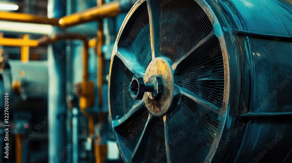 Poster industrial air conditioning fan unit in detail showcasing engineering design and mechanical componen