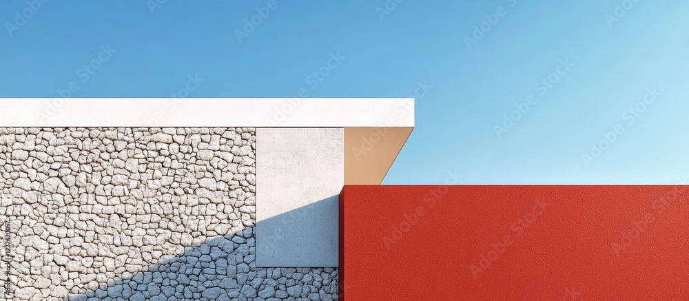 Poster abstract modern architecture featuring pebble and slate walls against a clear blue sky with space fo