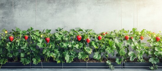 Greenhouse rack with strawberry plants ripe for harvest against a textured background with ample space for overlaying text or graphics.