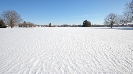 Snowy field, winter landscape, suburban background, serene winter scene; ideal for winter, nature, tranquility themes