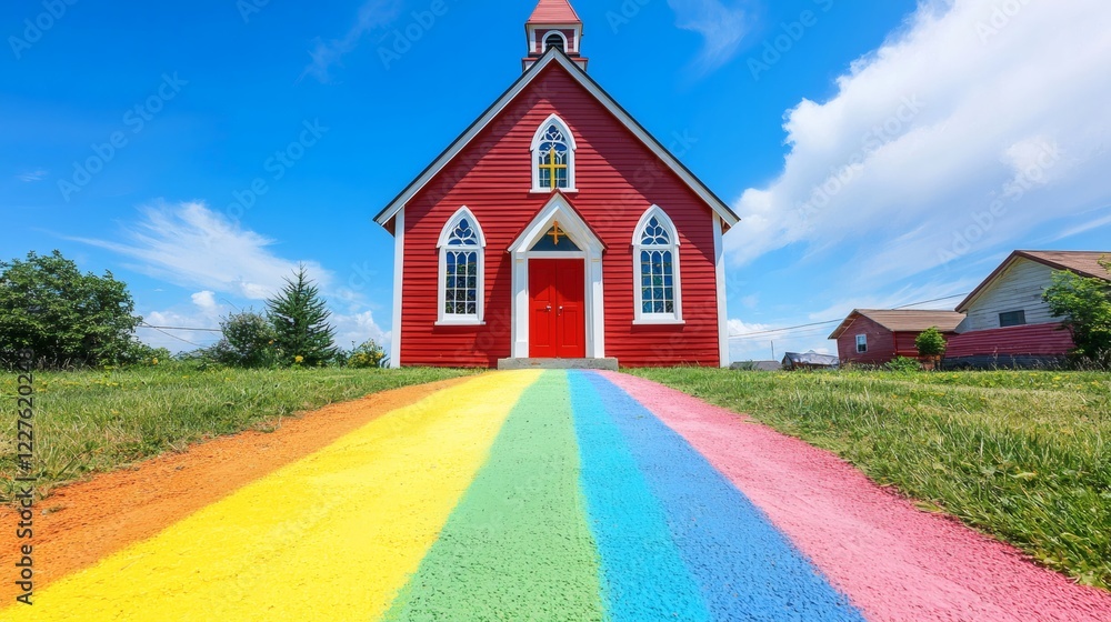 Poster conceptual image of a rainbow path leading to a traditional church stock photo with side copy space