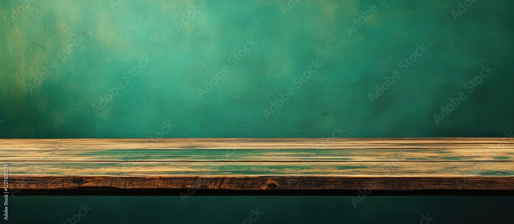 Poster wooden table against textured green background with ample copy space for text or design elements in 