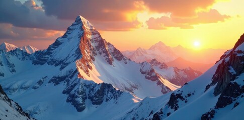 Golden light illuminates snowy summit of Everest, sun, golden, snow