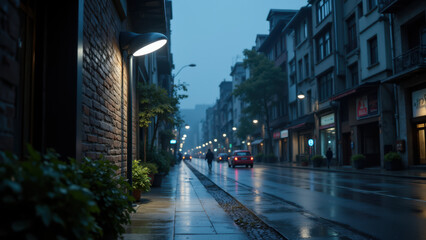 Fototapeta premium Rainy night city street with urban lighting.