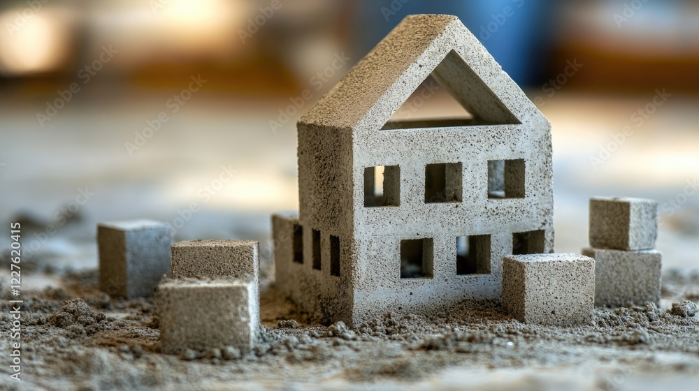 Poster miniature concrete block house model on a textured surface with surrounding blocks showcasing modern