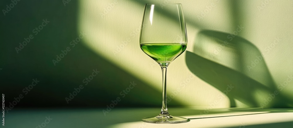 Poster elegant green wine glass casting shadow with soft gradient background and ample space for custom tex