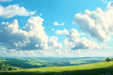 Expansive green countryside under a bright blue sky filled with fluffy clouds during daylight hours