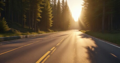 Fototapeta premium Golden hour light shining on a long race track through the forest, sunset, woods