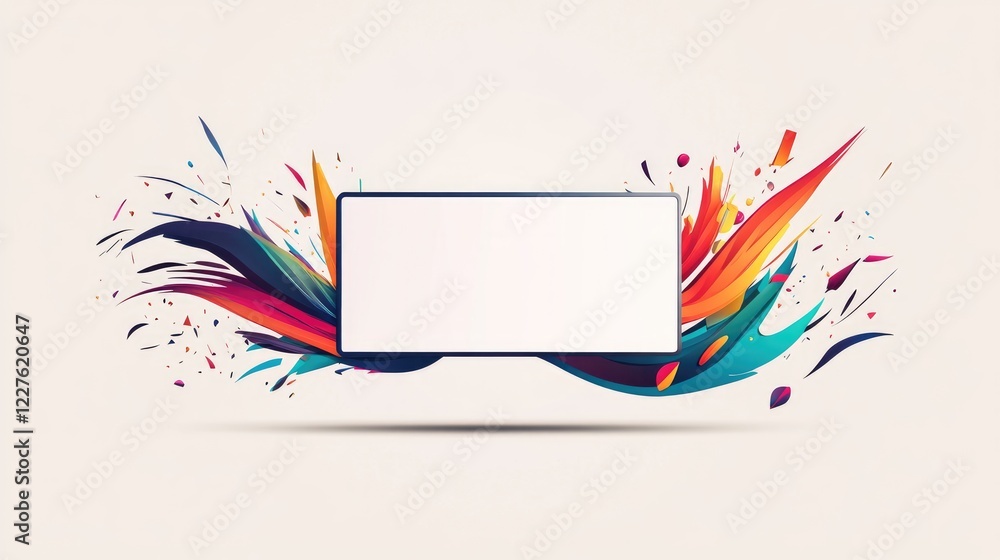 Poster multicolor text banner with abstract color splash surrounding blank screen on light gray background 