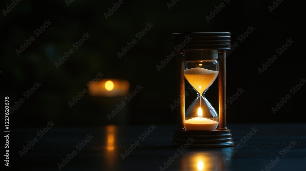 Poster hourglass illuminated by candlelight on a dark table creating a serene and reflective atmosphere for