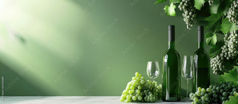 Poster elegant wine display with green bottles, grapes, and glasses on a table featuring green background a
