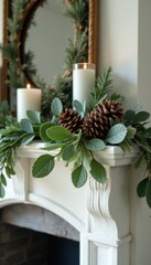 Pinecone and frosted eucalyptus garland on a mantel, woodland scene, winter decor