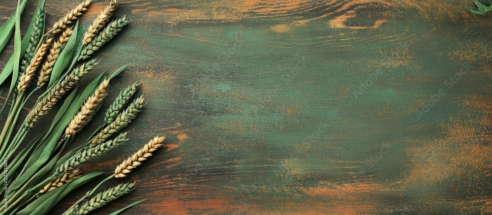 Poster green wheat ears on rustic wooden table with empty space for text rustic grains for baking mockup in