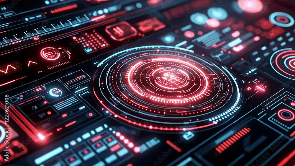 Poster Exploring high-tech interface design with dynamic visuals and vibrant color contrasts in a futuristic setting. Generative AI
