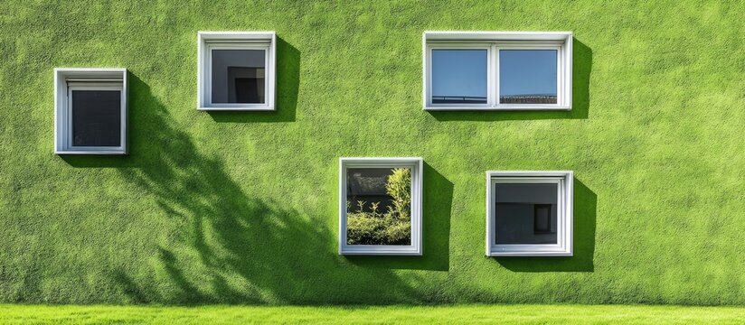 Vibrant Green Wall with Unique Windows and Spacious Area for Custom Text Overlay