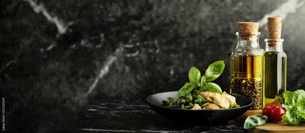 Aufkleber basil noodles with chicken and vegetables in a wok on a black table showcasing fresh ingredients and
