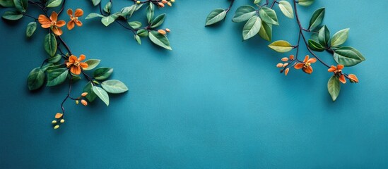 Vibrant Green Vine Leaves and Colorful Flowers on Blue Background with Space for Text or Overlay Design