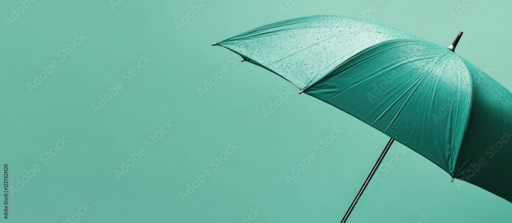 Fototapete close up of a green umbrella with rainwater on it against a solid background providing ample space f