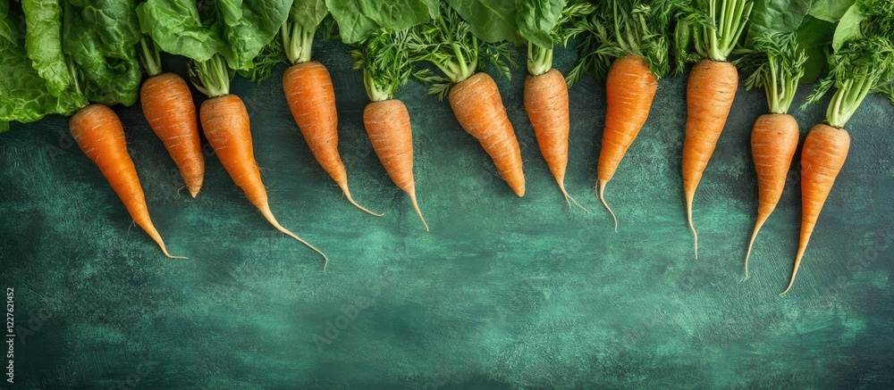 Poster fresh carrots arranged on a green textured background with space for text or design elements for bra