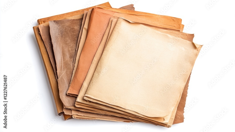 Poster stack of empty aged notebook pages in various earthy tones on a white background for creative design