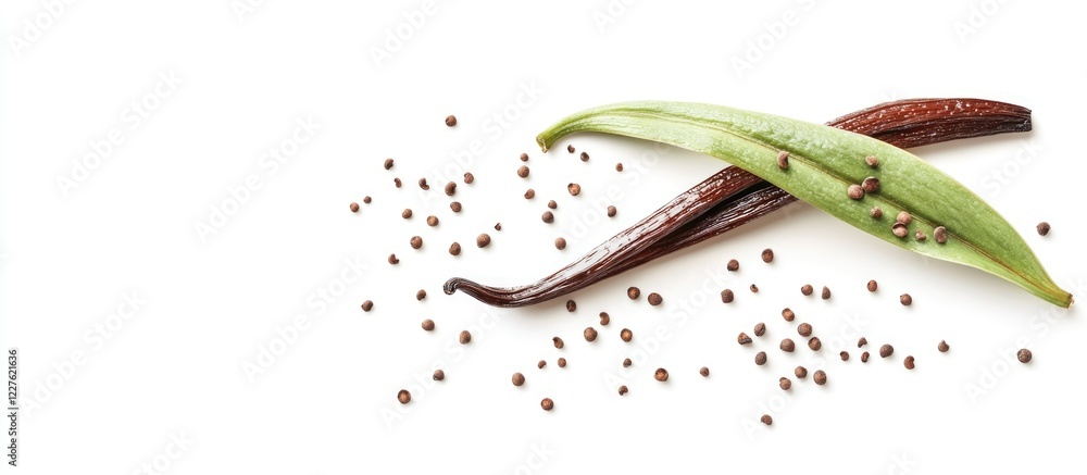 Poster fresh green vanilla pod with spilled seeds on white background showcasing culinary use and available