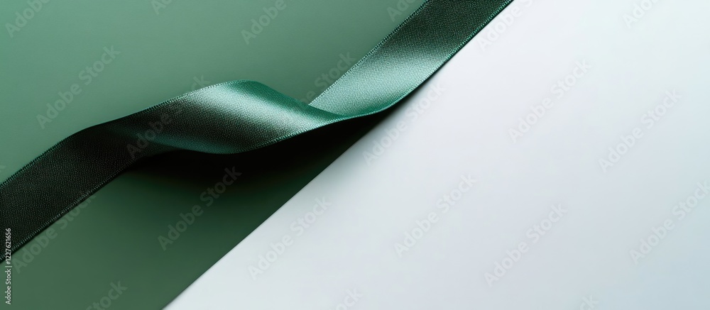 Poster elegant green ribbon on white surface with deep green background, featuring ample empty space for te