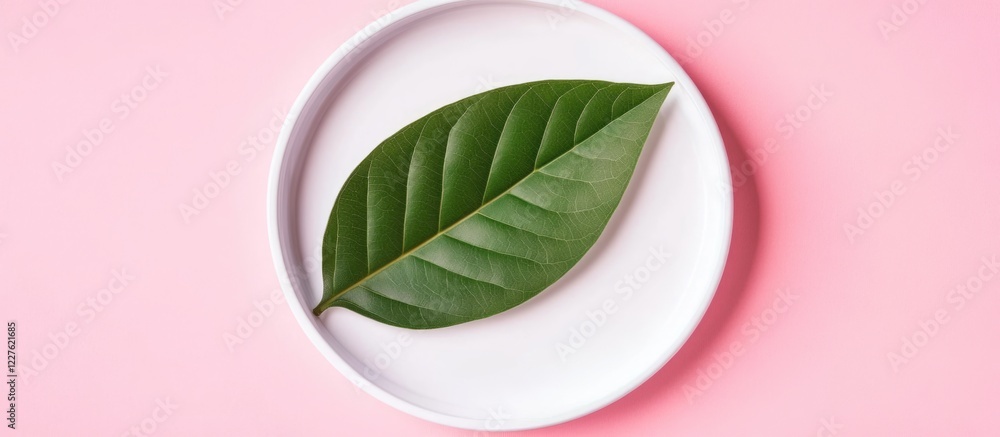 Poster tropical green leaf centered in white round frame on soft pink background for design and text placem