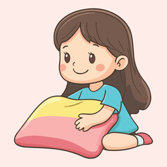 A cute girl holdind a pillow Cartoon Vector Illustration
