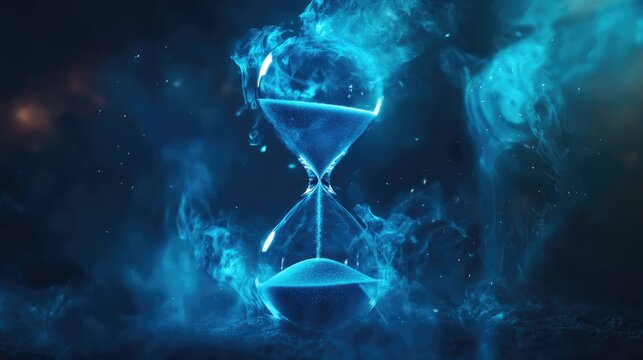 Hourglass glowing with blue sand and ethereal smoke creating a mystical atmosphere representing the passage of time and transformation