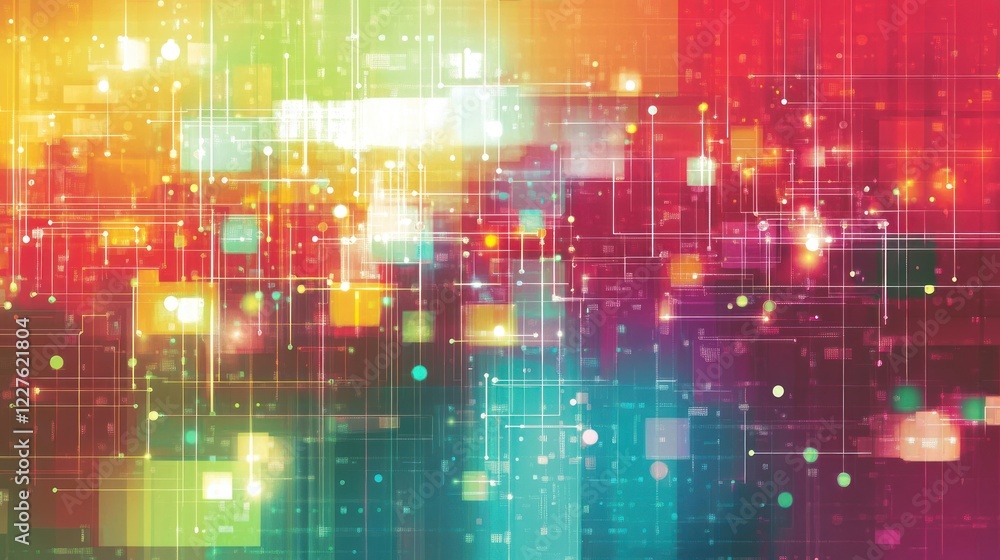 Poster abstract, multicolored network of shapes and lines, suitable for technological backgrounds