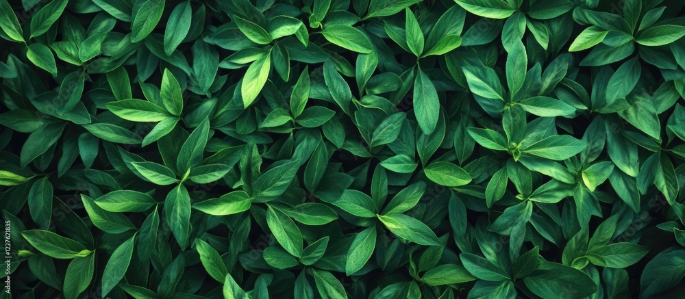 Poster lush green foliage background with close-up focus on leaves and ample copy space for text or design 