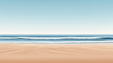 Obraz premium Tropical beach scenery featuring soft golden sand and tranquil blue ocean waves under a clear sky with ample space for text placement.