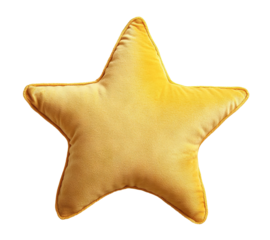 Yellow star-shaped pillow with soft fabric, isolated on transparent cutout background