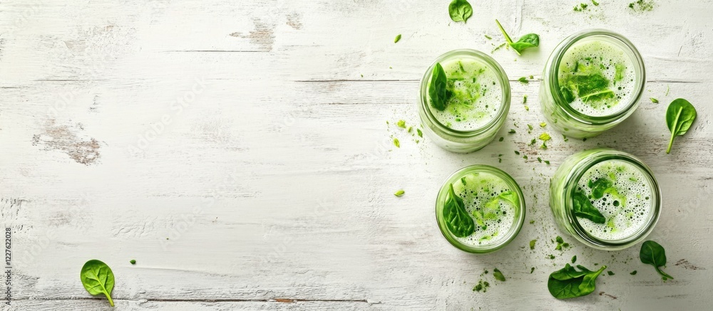Poster green vegetable smoothie with spinach and milk in glass jars on a rustic wooden table with ample spa
