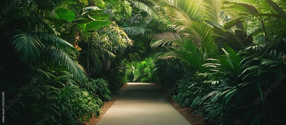 Poster lush tropical road surrounded by greenery with unique pathways and ample space for text overlay