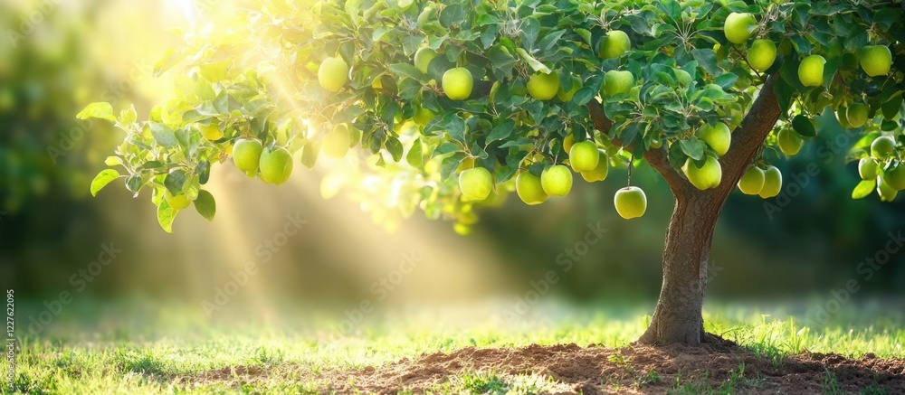 Poster lush green tree with sunlight and apples creating a serene background ideal for placing text or grap