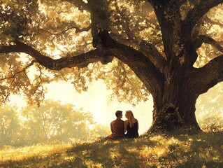 A romantic scene of a couple sitting under a large tree, surrounded by soft sunlight and greenery, evoking a sense of tranquility and connection.