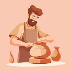 Potter working on a pottery wheel Cartoon Vector Illustration