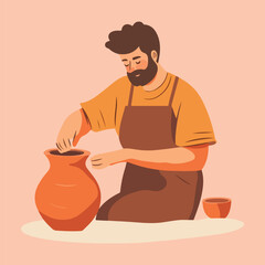 Potter working on a pottery wheel Cartoon Vector Illustration