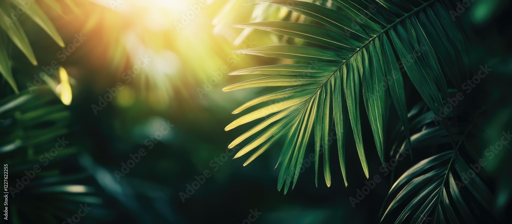 Aufkleber lush green leaves illuminated by warm sunlight creating a serene atmosphere with ample space for tex