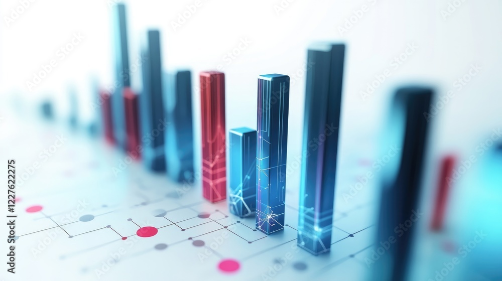 Poster data visualization infographic featuring a 3d node network and ascending bar graphs on a clean white