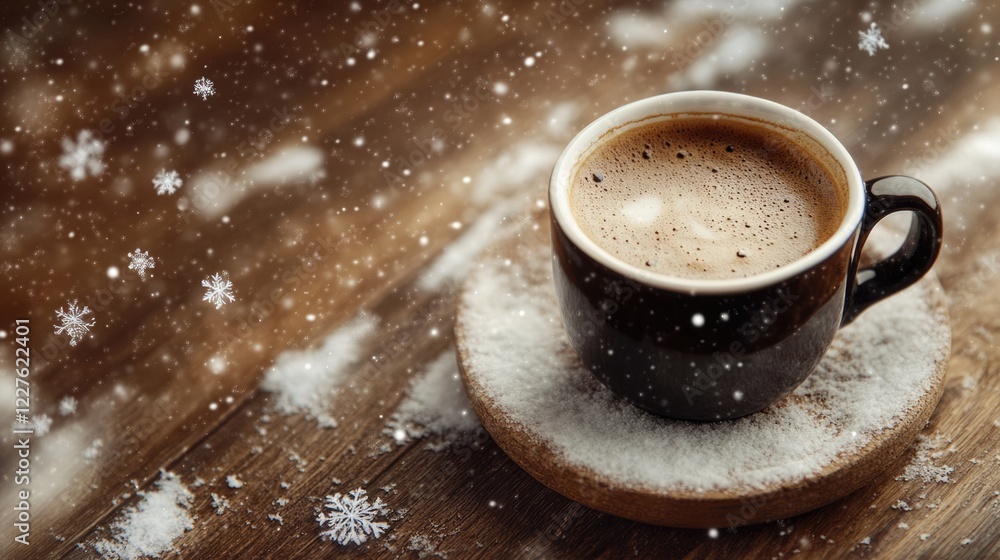 Poster cozy cup of steaming black coffee on a wooden table with falling snowflakes creating a warm winter a