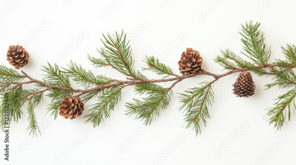 Aufkleber fir tree branches with pine cones on a light background creating a natural border for holiday design