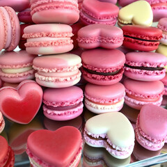 Fototapeta premium A colorful collection of heart-shaped and pink macarons made for Valentine's Day. These sweet treats are perfect for expressing love and affection on this special occasion